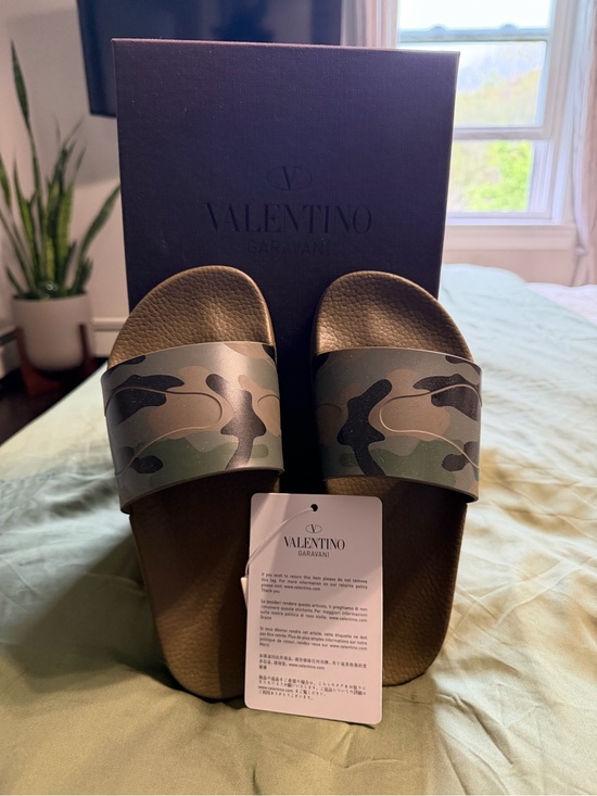 Valentino Camo Leather Slide Sandals in Green and Brown